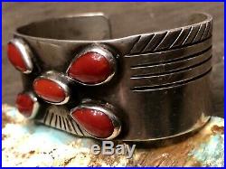 Rare Early Old Pawn Hand Wrought Ingot Coin Silver & Gem Red Coral Cuff Bracelet
