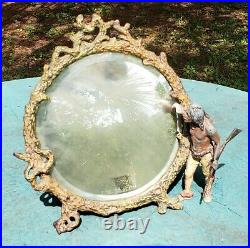 Rare Franz Bergman Antique Cast Iron Round Tabletop Mirror With Native American