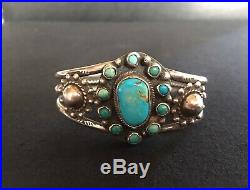 Rare Fred Harvey Era Turquoise Sterling Silver Zuni Cluster Cuff bracelet Navajo