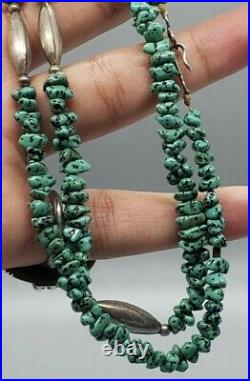 Rare Green Turquoise Vtg Antique Native American Navajo Sterling Silver Necklace