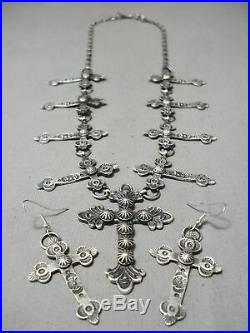 Rare Hand Tooled Cross Navajo Sterling Silver Repoussed Necklace Earrings Set
