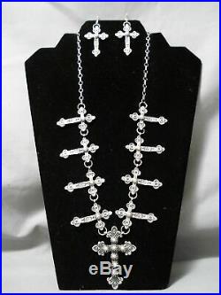 Rare Hand Tooled Cross Navajo Sterling Silver Repoussed Necklace Earrings Set