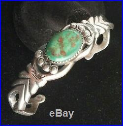 Rare Harvey Begay Navajo Sterling Silver Sand Cast Green Turquoise Cuff Bracelet