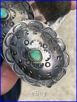 Rare Harvey Era Navajo Southwestern Coin Silver & Turquoise Concho Belt & Buckle