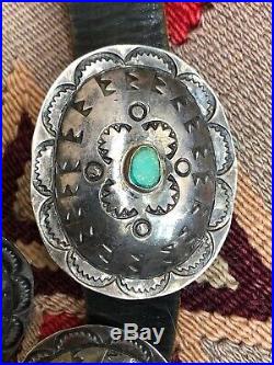Rare Harvey Era Navajo Southwestern Coin Silver & Turquoise Concho Belt & Buckle