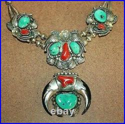Rare Henrietta Yesele Sterling Silver Turquoise/Red Coral/Claw Necklace 081WEI