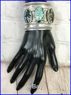Rare Huge Navajo Sterling Silver Hubei Spiderweb Turquoise Cuff Bracelet 142g