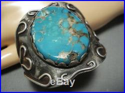 Rare Huge Turquoise Vintage Navajo Sterling Silver Bracelet For Smaller Wrist