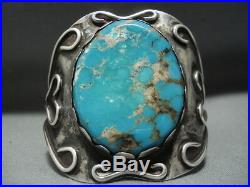 Rare Huge Turquoise Vintage Navajo Sterling Silver Bracelet For Smaller Wrist