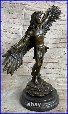 Rare Indian Native American Art Chief Eagle Bust Bronze Marble Base Sculpture NR