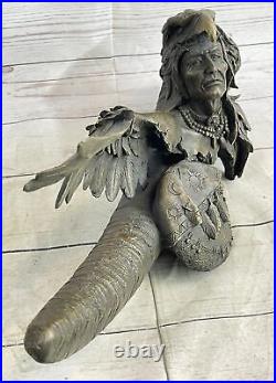 Rare Indian Native American Art Chief Eagle Bust Bronze Marble Statue Bust Sale