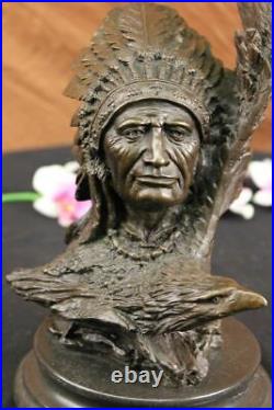 Rare Indian Native American Art Chief Eagle Bust Bronze Marble Statue Sculpture