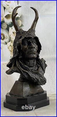 Rare Indian Native American Art Chief Eagle Bust Bronze Marble Statue Sculpture