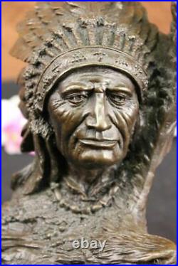 Rare Indian Native American Art Chief Eagle Bust Bronze Marble Statue Sculpture