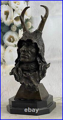 Rare Indian Native American Art Chief Eagle Bust Bronze Marble Statue Sculpture