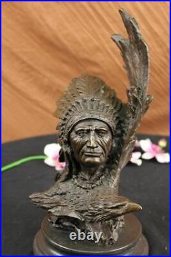 Rare Indian Native American Art Chief Eagle Bust Bronze Marble Statue Sculpture