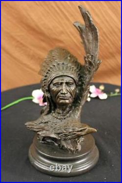 Rare Indian Native American Art Chief Eagle Bust Bronze Marble Statue Sculpture