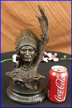 Rare Indian Native American Art Chief Eagle Bust Bronze Marble Statue Sculpture