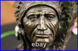 Rare Indian Native American Art Chief Eagle Bust Bronze Marble Statue Sculpture