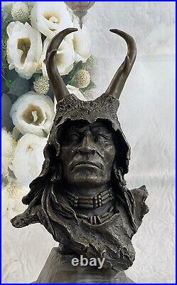 Rare Indian Native American Art Chief Eagle Bust Bronze Marble Statue Sculpture