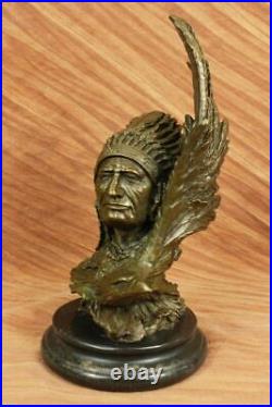 Rare Indian Native American Art Chief Eagle Bust Bronze Marble Statue Sculpture