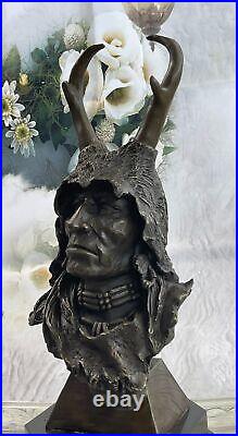 Rare Indian Native American Art Chief Eagle Bust Bronze Marble Statue Sculpture