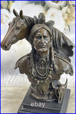 Rare Indian Native American Art Chief Horse Bust Bronze Marble Statue Decor Deal