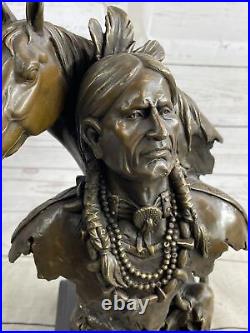 Rare Indian Native American Art Chief Horse Bust Bronze Marble Statue Decor Deal