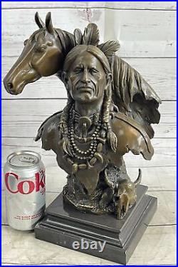 Rare Indian Native American Art Chief Horse Bust Bronze Marble Statue Decor SALE