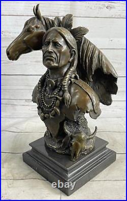 Rare Indian Native American Art Chief Horse Bust Bronze Marble Statue Decor SALE