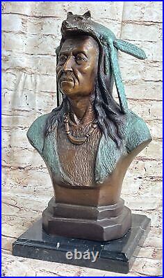 Rare Indian Native American Art Chief Wolf Bust Bronze Marble Sculpture Figure