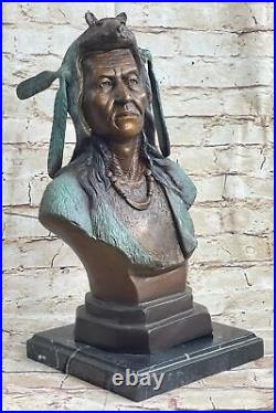 Rare Indian Native American Art Chief Wolf Bust Bronze Marble Sculpture Figure