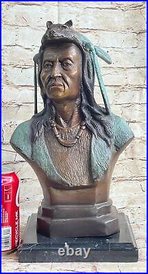 Rare Indian Native American Art Chief Wolf Bust Bronze Marble Statue Sculpture