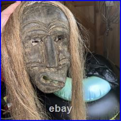 Rare Iroquois False Face Mask, Hair, Metal Eyes 12, 25 Hair 1900s
