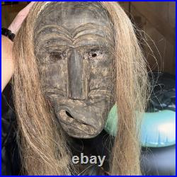 Rare Iroquois False Face Mask, Hair, Metal Eyes 12, 25 Hair 1900s