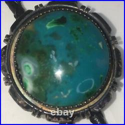 Rare Irv Monte Navajo Bold Sterling & Gem Green Turquoise Bolo Tie leather