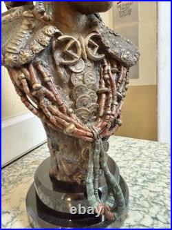 Rare John Coleman Native American Bronze Sculpture Silver Buttons Bust
