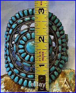 Rare Large Old Pawn Navajo Sterling & Gem Blue Turquoise Cluster Cuff Bracelet