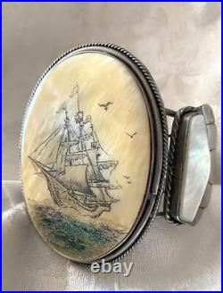 Rare Large Vintage Native American Scrimshaw Ship Bracelet