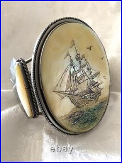 Rare Large Vintage Native American Scrimshaw Ship Bracelet