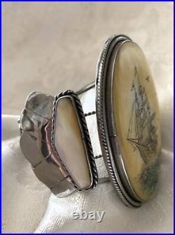 Rare Large Vintage Native American Scrimshaw Ship Bracelet