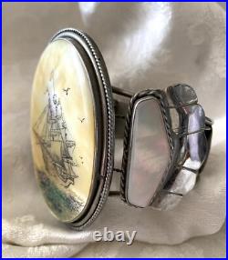 Rare Large Vintage Native American Scrimshaw Ship Bracelet