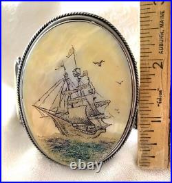 Rare Large Vintage Native American Scrimshaw Ship Bracelet