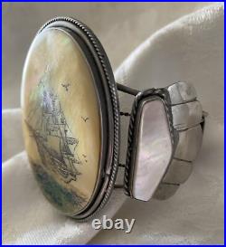 Rare Large Vintage Native American Scrimshaw Ship Bracelet