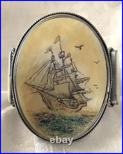 Rare Large Vintage Native American Scrimshaw Ship Bracelet Rare Large Vintage Native American Scrimshaw Ship Bracelet