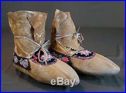 Rare Late 1800 Native American Athabaskan Embroidery & Quilled Hightop Moccasins