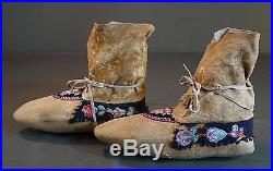 Rare Late 1800 Native American Athabaskan Embroidery & Quilled Hightop Moccasins
