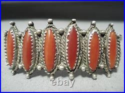 Rare Long Coral Vintage Navajo Sterling Silver Bracelet Old
