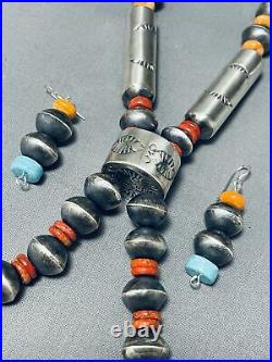 Rare Longer Colorful Navajo Turquoise Coral Sterling Silver Tubule Necklace