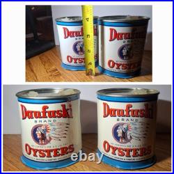 Rare Lot Of 2 Small Pint Size Daufuski Oyster Tin Can Seafood Native American